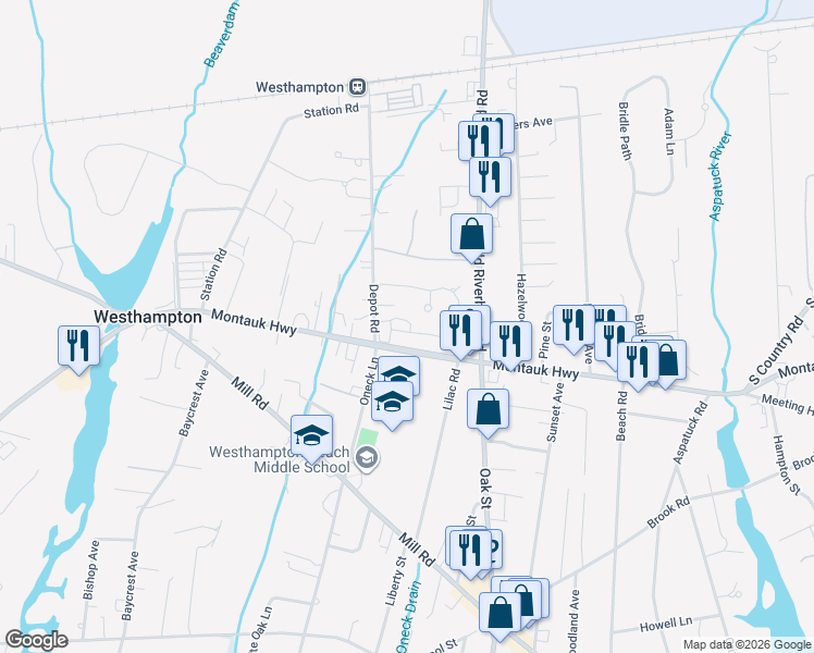 map of restaurants, bars, coffee shops, grocery stores, and more near 22 Montauk Highway in Westhampton Beach