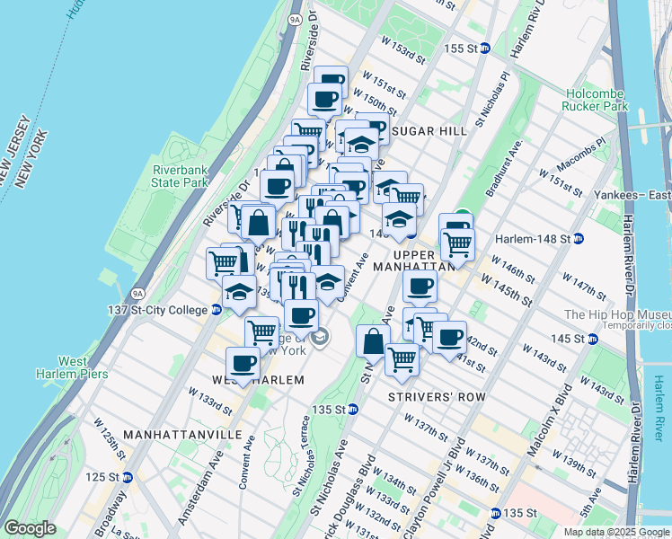 map of restaurants, bars, coffee shops, grocery stores, and more near 462 West 142nd Street in New York