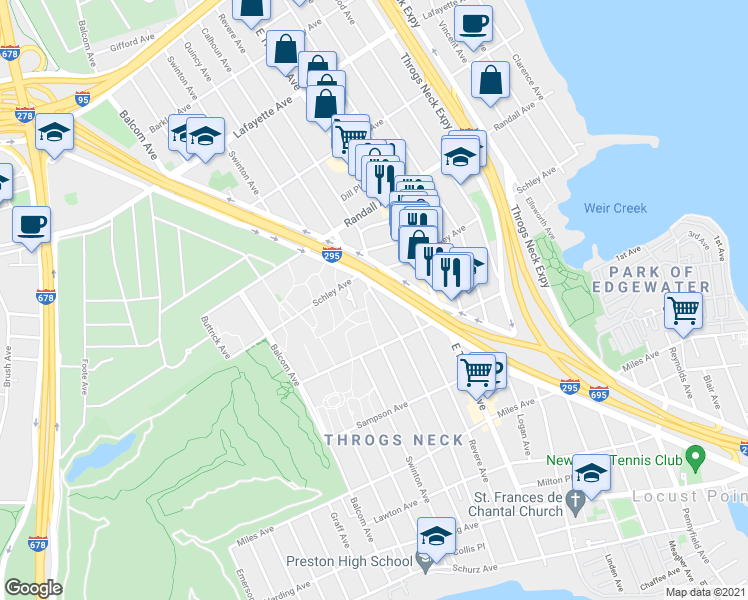 map of restaurants, bars, coffee shops, grocery stores, and more near 545 Calhoun Avenue in Bronx
