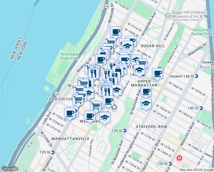 map of restaurants, bars, coffee shops, grocery stores, and more near 89 Hamilton Place in New York