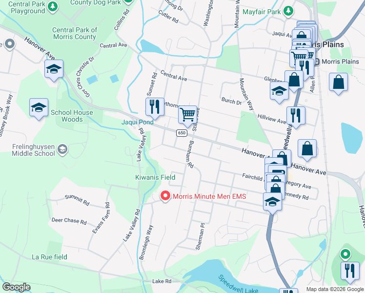 map of restaurants, bars, coffee shops, grocery stores, and more near 14 Burnham Road in Morris Plains