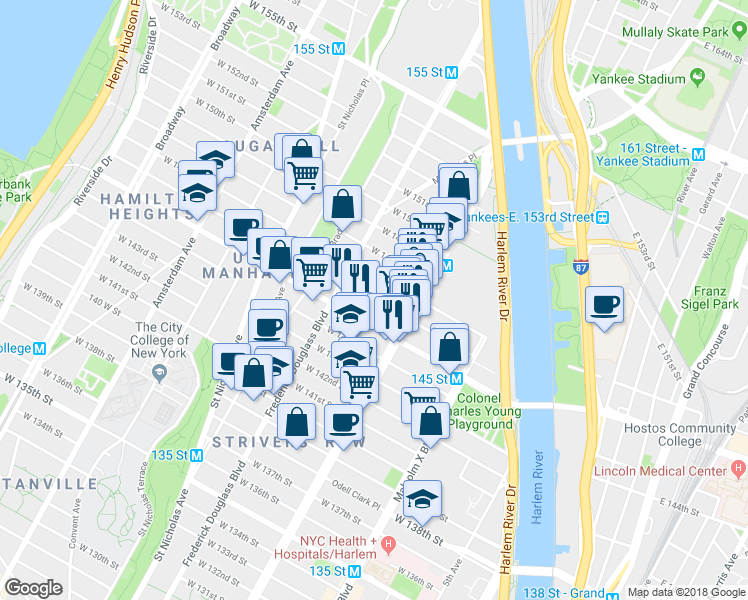 map of restaurants, bars, coffee shops, grocery stores, and more near 223 West 146th Street in New York