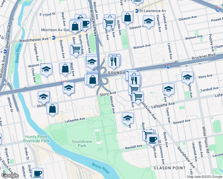 map of restaurants, bars, coffee shops, grocery stores, and more near 1664 Story Avenue in Bronx