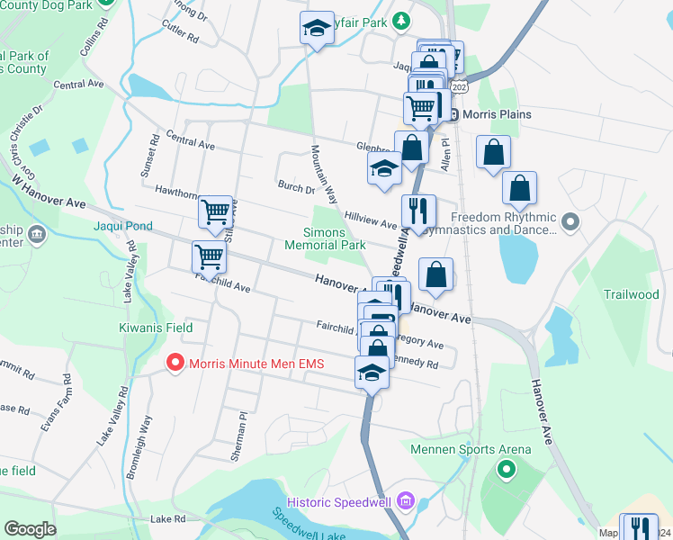 map of restaurants, bars, coffee shops, grocery stores, and more near 31 West Hanover Avenue in Morris Plains
