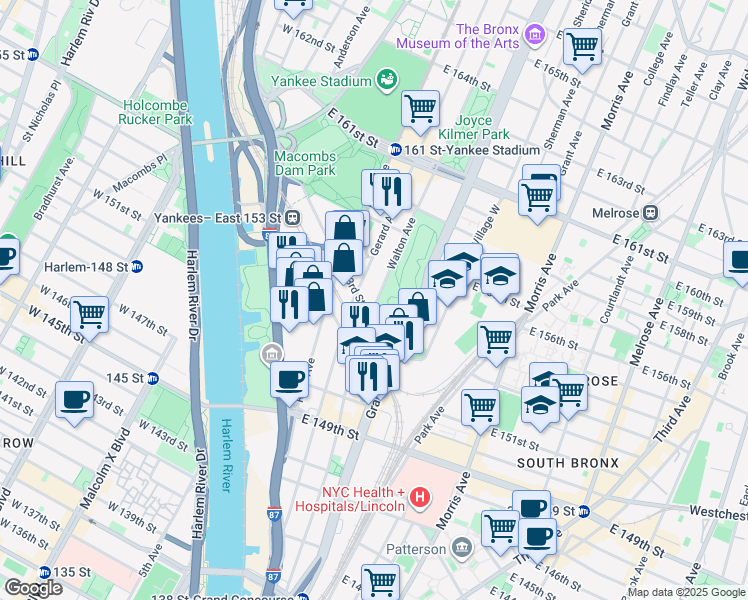 map of restaurants, bars, coffee shops, grocery stores, and more near 675 Walton Avenue in The Bronx