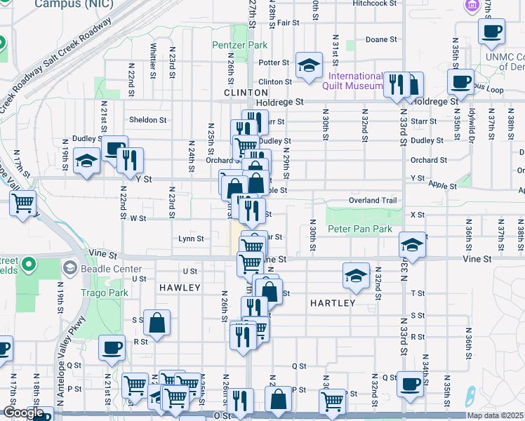 map of restaurants, bars, coffee shops, grocery stores, and more near 2749 W Street in Lincoln