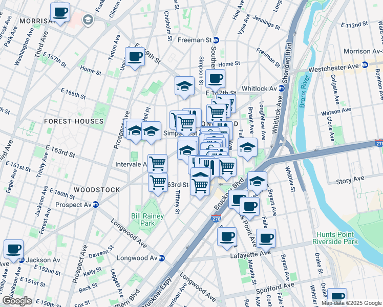 map of restaurants, bars, coffee shops, grocery stores, and more near 1000 Fox Street in The Bronx