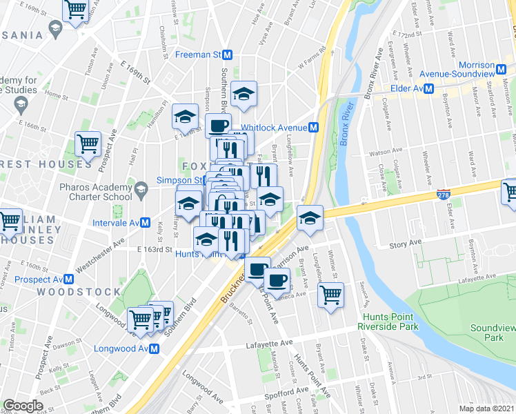 map of restaurants, bars, coffee shops, grocery stores, and more near 980 Aldus Street in Bronx