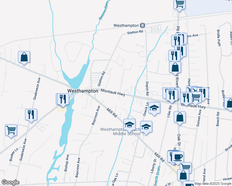 map of restaurants, bars, coffee shops, grocery stores, and more near 21 Montauk Highway in Westhampton