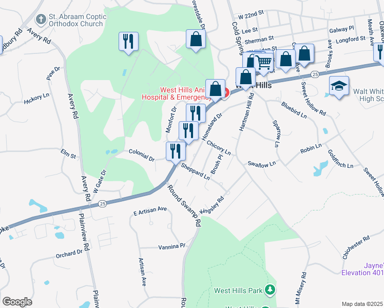 map of restaurants, bars, coffee shops, grocery stores, and more near 62 Homeland Drive in Huntington