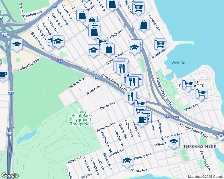 map of restaurants, bars, coffee shops, grocery stores, and more near 521 Revere Avenue in Bronx