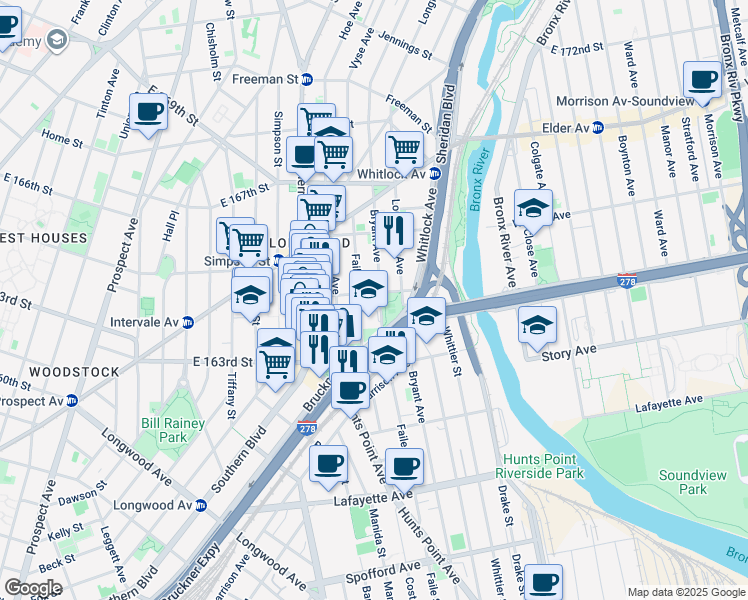 map of restaurants, bars, coffee shops, grocery stores, and more near 984 Faile Street in The Bronx