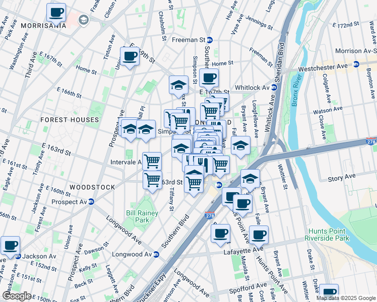 map of restaurants, bars, coffee shops, grocery stores, and more near 995 Simpson Street in Bronx