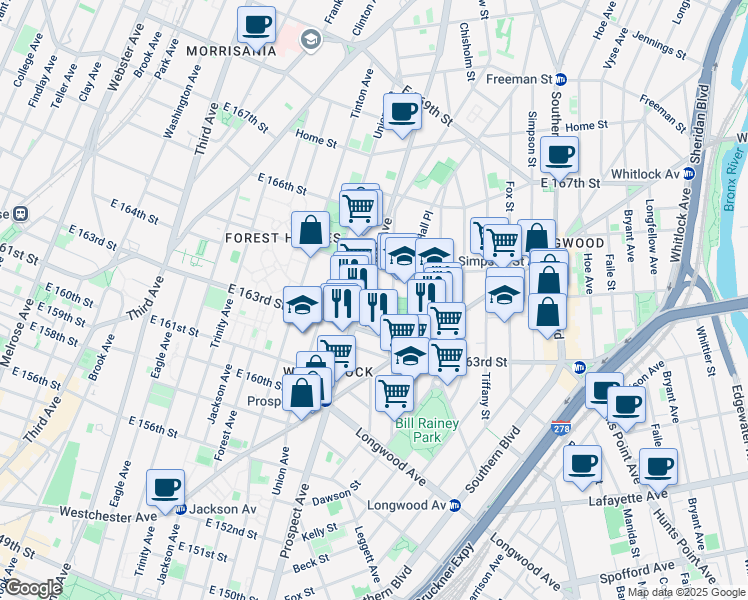map of restaurants, bars, coffee shops, grocery stores, and more near 961 Rev James A Polite Avenue in Bronx