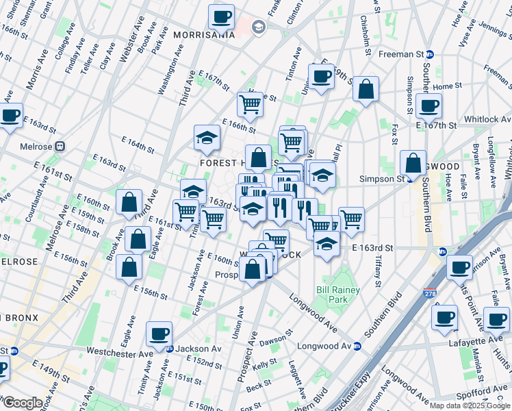 map of restaurants, bars, coffee shops, grocery stores, and more near 909 Tinton Avenue in The Bronx