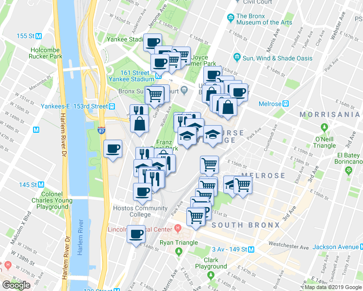 map of restaurants, bars, coffee shops, grocery stores, and more near 740 Grand Concourse in Bronx