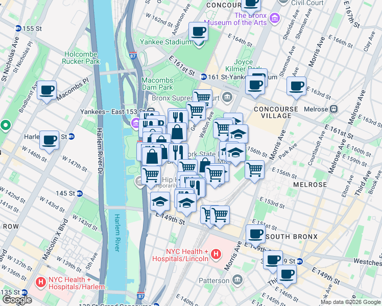 map of restaurants, bars, coffee shops, grocery stores, and more near 131 East 151st Street in The Bronx