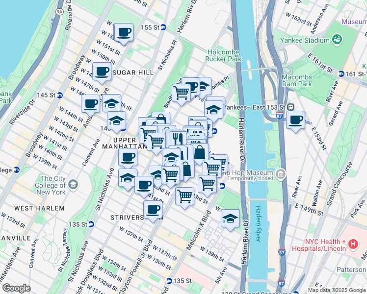 map of restaurants, bars, coffee shops, grocery stores, and more near 206 West 146th Street in New York
