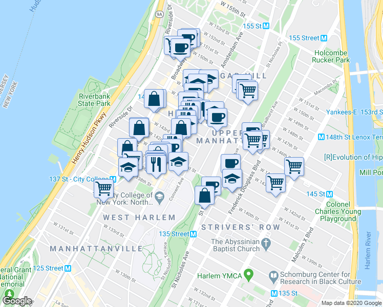 map of restaurants, bars, coffee shops, grocery stores, and more near in New York