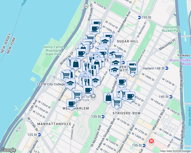 map of restaurants, bars, coffee shops, grocery stores, and more near in New York