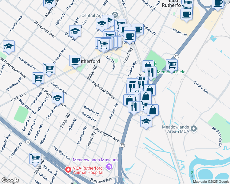 map of restaurants, bars, coffee shops, grocery stores, and more near 143 Highland Cross in Rutherford