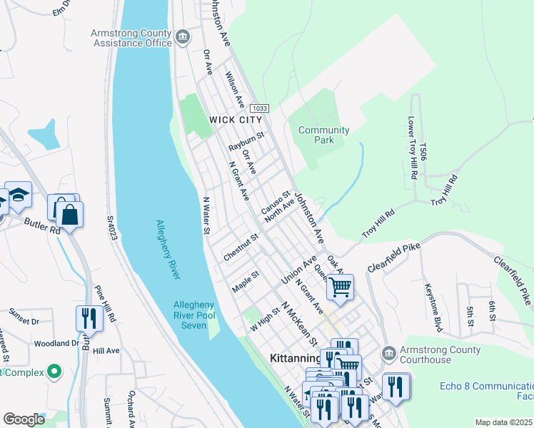 map of restaurants, bars, coffee shops, grocery stores, and more near 406 North Avenue in Kittanning