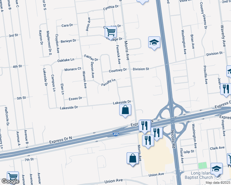 map of restaurants, bars, coffee shops, grocery stores, and more near 4 Faculty Lane in Farmingville