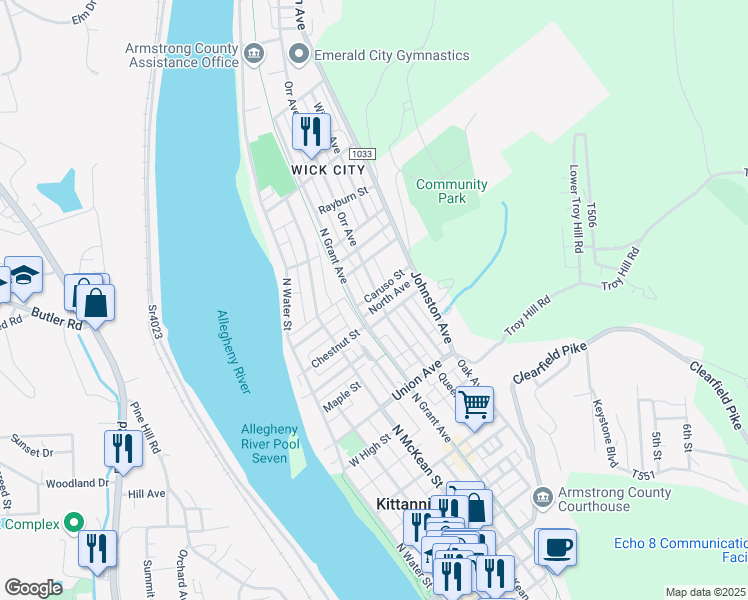 map of restaurants, bars, coffee shops, grocery stores, and more near 423 North Avenue in Kittanning