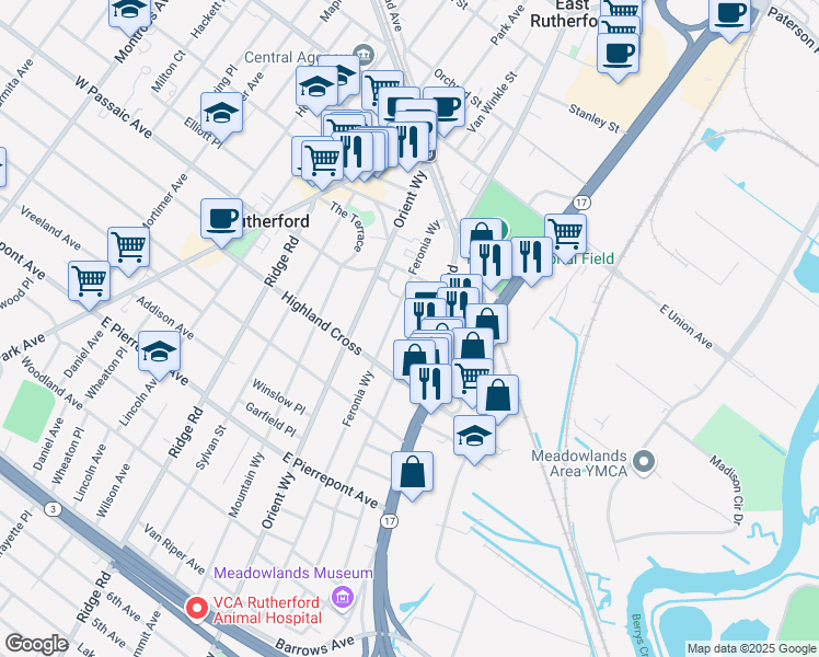 map of restaurants, bars, coffee shops, grocery stores, and more near 97 Eastern Way in Rutherford