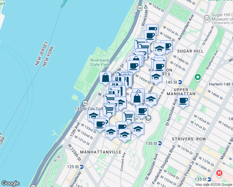 map of restaurants, bars, coffee shops, grocery stores, and more near 603 West 139th Street in New York