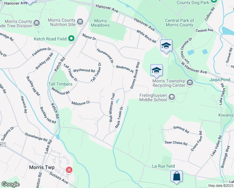map of restaurants, bars, coffee shops, grocery stores, and more near 19 Walt Whitman Trail in Morristown