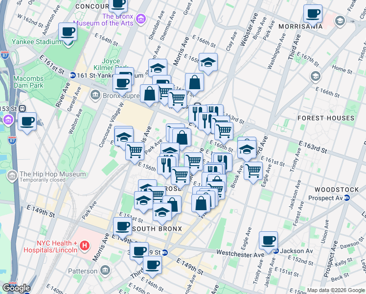 map of restaurants, bars, coffee shops, grocery stores, and more near 380 East 158th Street in Bronx