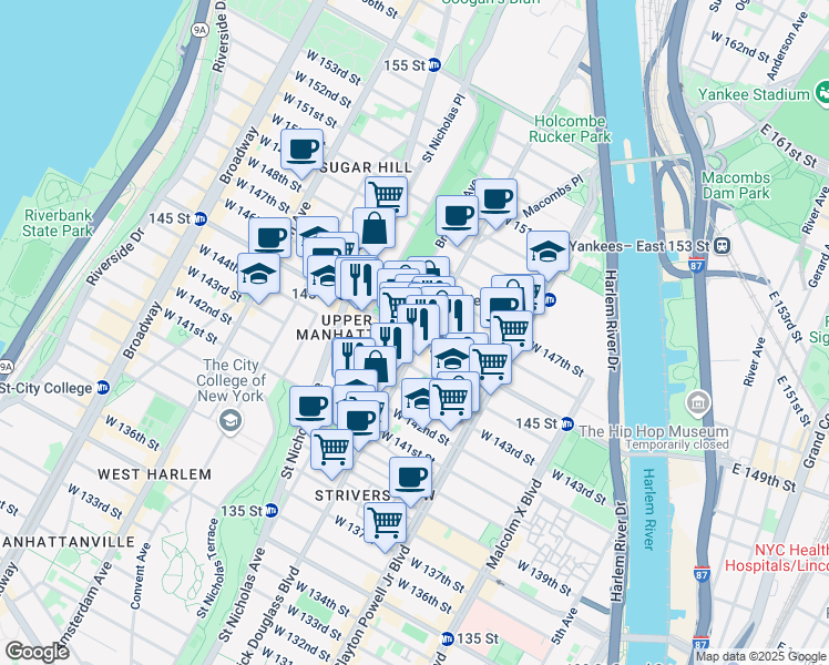 map of restaurants, bars, coffee shops, grocery stores, and more near 303 West 145th Street in New York