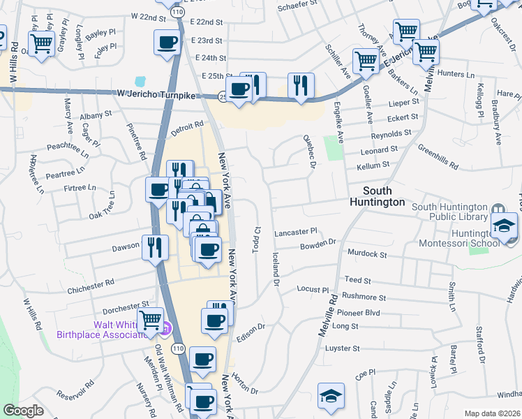 map of restaurants, bars, coffee shops, grocery stores, and more near 125 Iceland Drive in Huntington Station