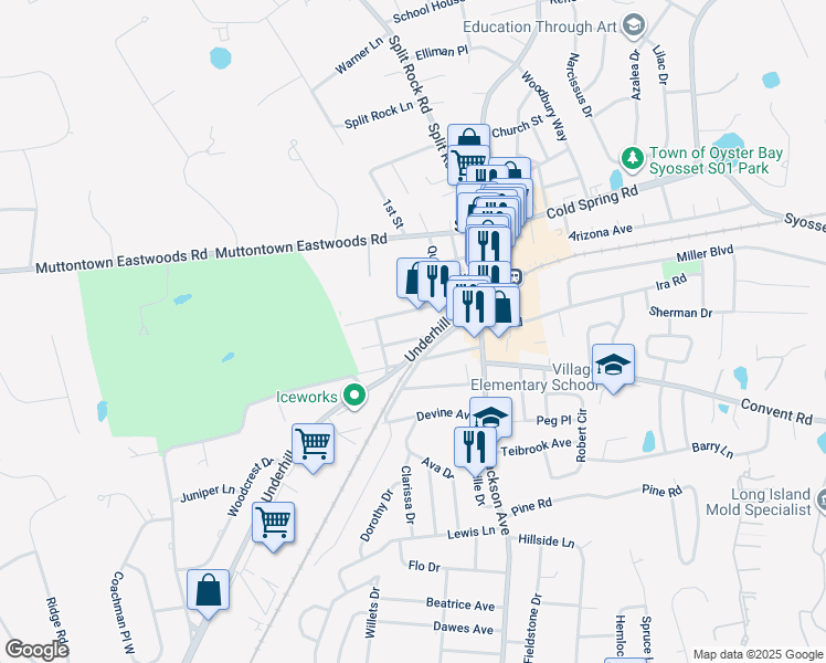 map of restaurants, bars, coffee shops, grocery stores, and more near 49 Railroad Avenue in Syosset