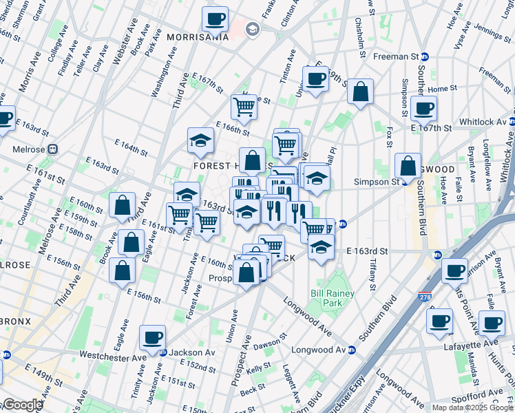 map of restaurants, bars, coffee shops, grocery stores, and more near 909 Tinton Avenue in The Bronx