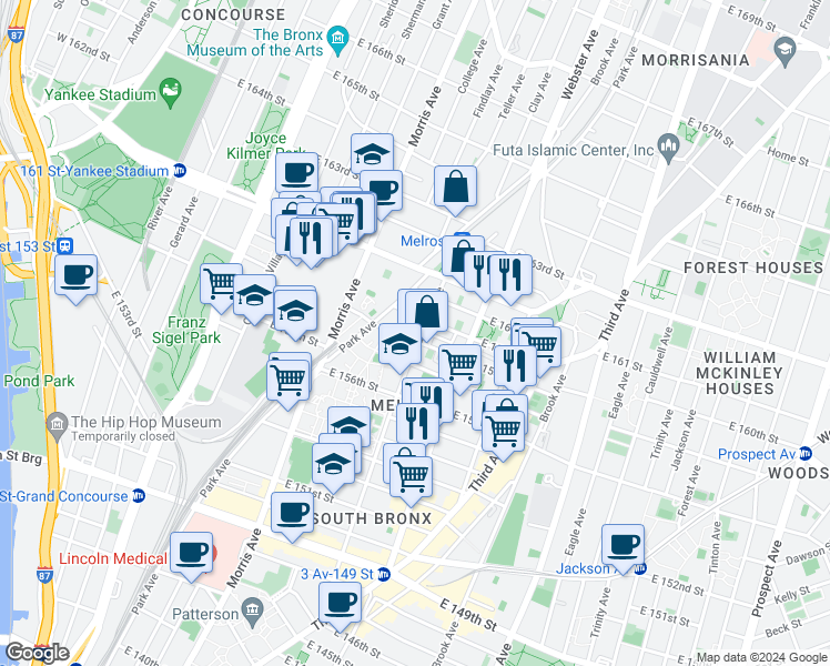 map of restaurants, bars, coffee shops, grocery stores, and more near 785 Courtlandt Avenue in Bronx