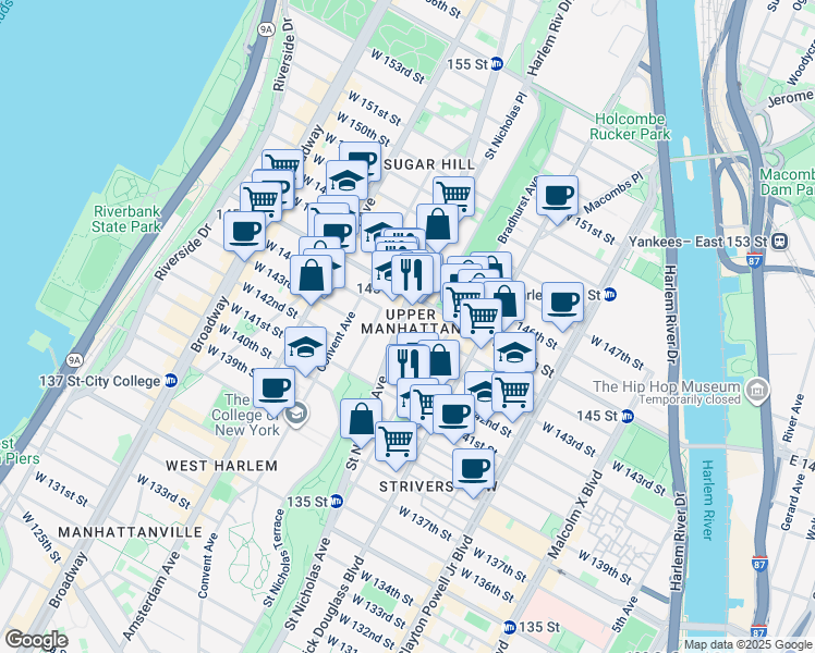 map of restaurants, bars, coffee shops, grocery stores, and more near 655 Saint Nicholas Avenue in New York City