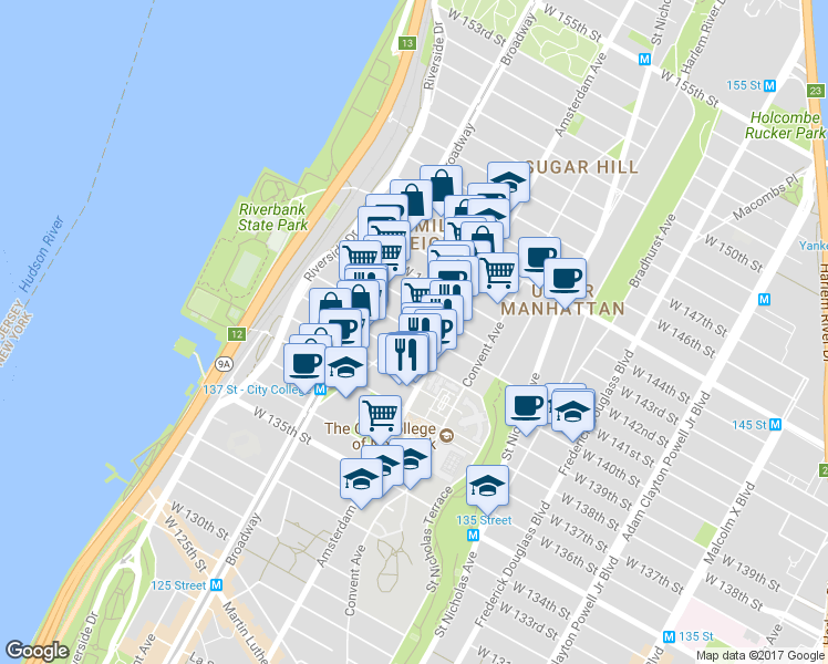 map of restaurants, bars, coffee shops, grocery stores, and more near in New York