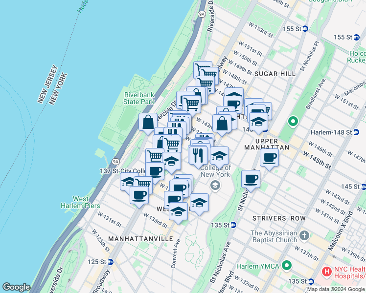 map of restaurants, bars, coffee shops, grocery stores, and more near 61 Hamilton Place in New York