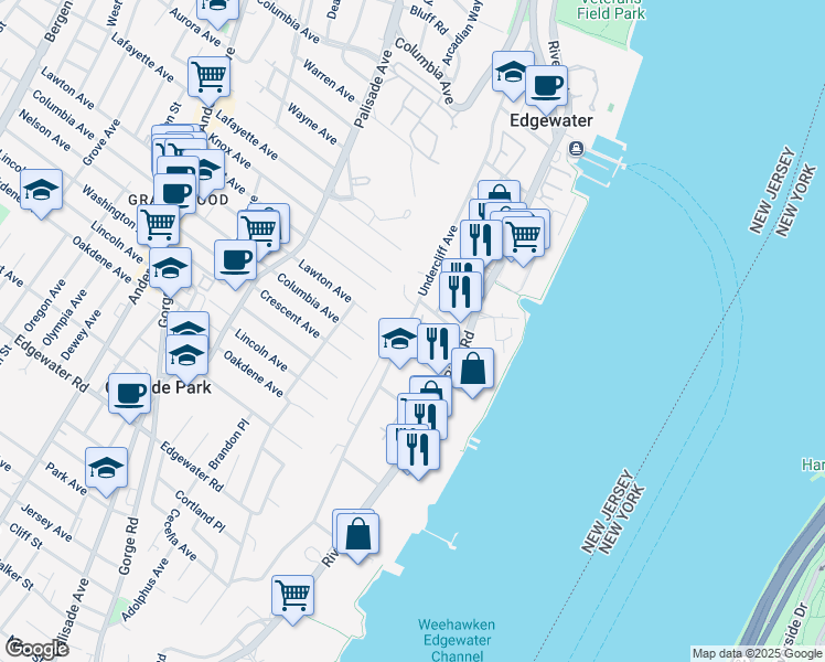 map of restaurants, bars, coffee shops, grocery stores, and more near 270 Undercliff Avenue in Edgewater