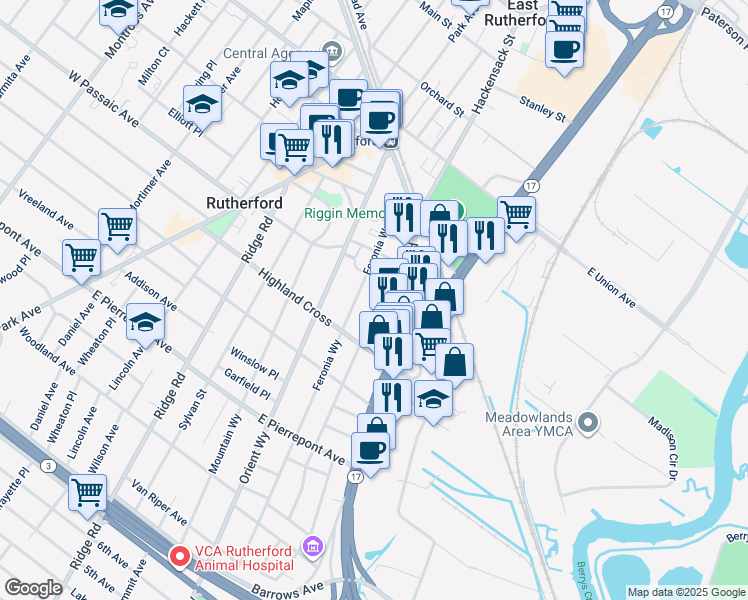 map of restaurants, bars, coffee shops, grocery stores, and more near 97 Eastern Way in Rutherford