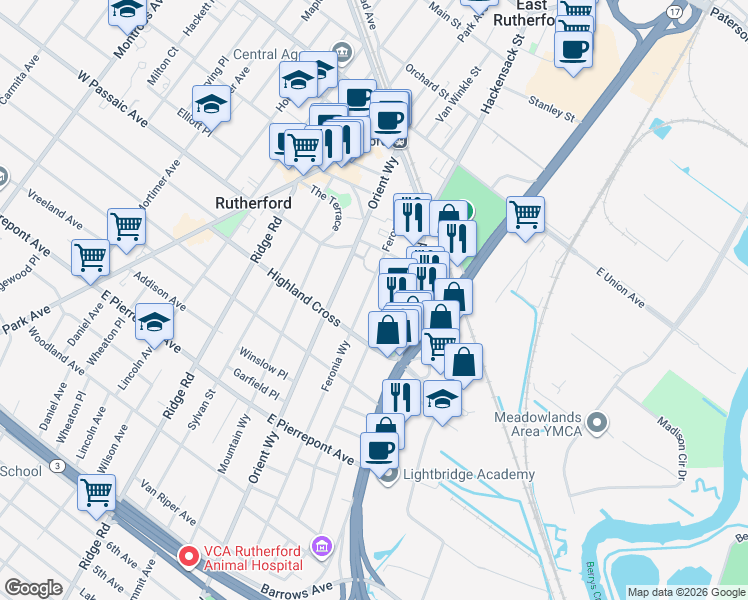 map of restaurants, bars, coffee shops, grocery stores, and more near 97 Eastern Way in Rutherford