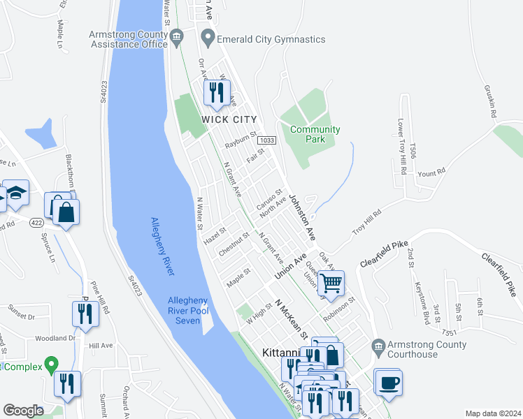 map of restaurants, bars, coffee shops, grocery stores, and more near 406 North Avenue in Kittanning