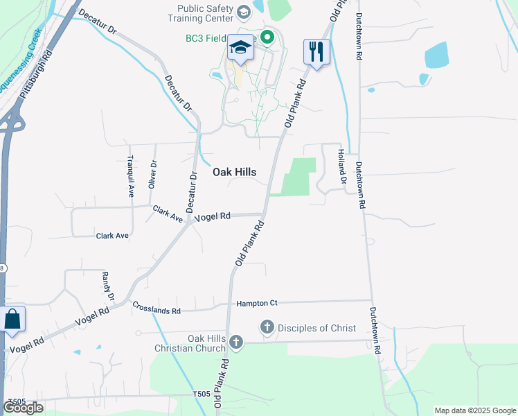 map of restaurants, bars, coffee shops, grocery stores, and more near 305 Old Plank Road in Butler