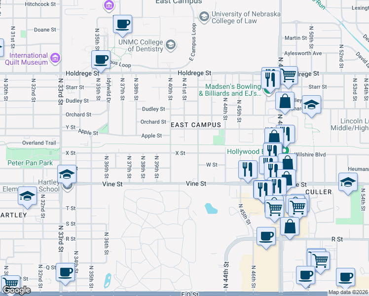 map of restaurants, bars, coffee shops, grocery stores, and more near 4115 X Street in Lincoln