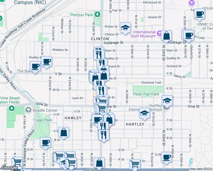 map of restaurants, bars, coffee shops, grocery stores, and more near 2749 W Street in Lincoln