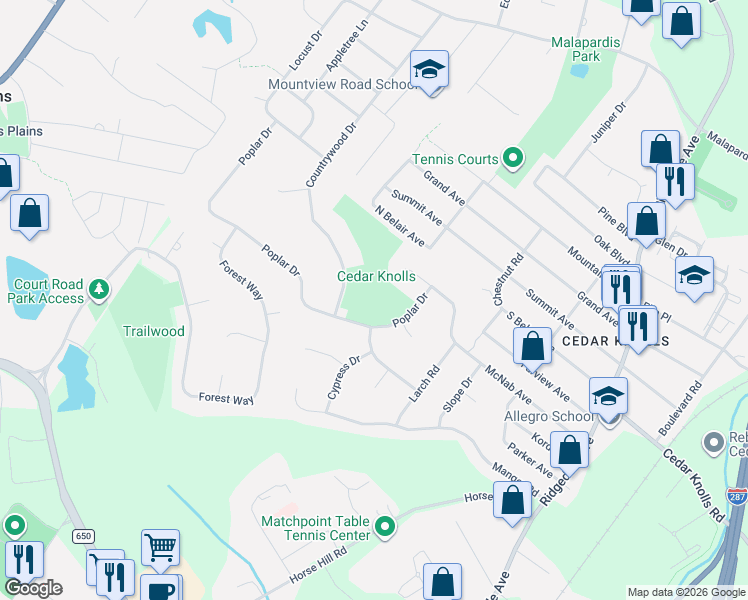 map of restaurants, bars, coffee shops, grocery stores, and more near 70 Countrywood Drive in Morris Plains