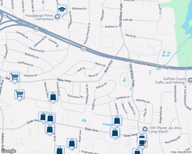 map of restaurants, bars, coffee shops, grocery stores, and more near 17 Wren Drive in Hauppauge