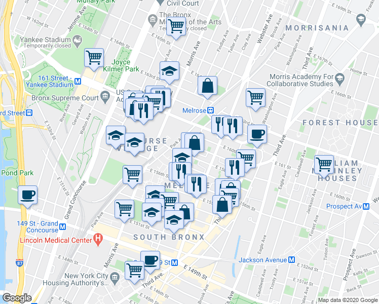 map of restaurants, bars, coffee shops, grocery stores, and more near 811 Courtlandt Avenue in Bronx